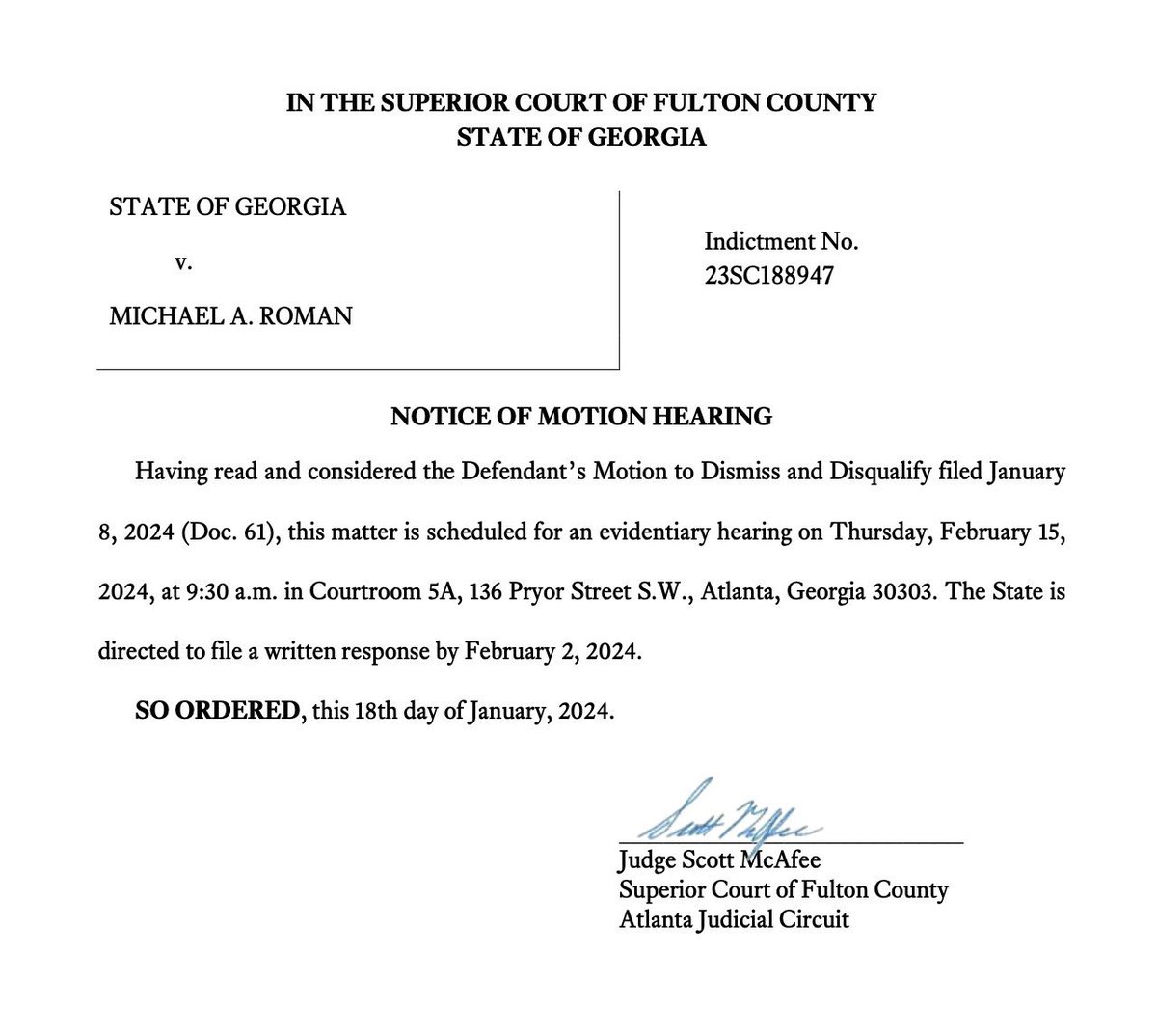 Just in: Fulton County Judge Scott McAfee schedules an evidentiary hearing on Feb. 15 to address allegations about DA Fani Willis and prosecutor Nathan Wade. DA’s office has Feb. 2 deadline to respond — @guardian has reported DA intends to make that deadline.