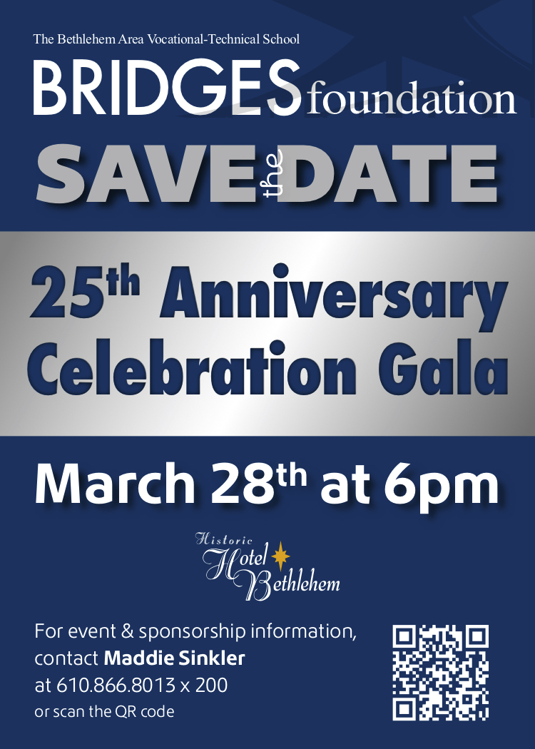 SAVE THE DATE🥳 Join us on March 28th to celebrate 25 years of the The Bridges Foundation investing in the workforce of the future! Ticket and more information to follow shortly

If you are interested in sponsoring our event, find more information here: bavtsbridges.org/fundraisers !