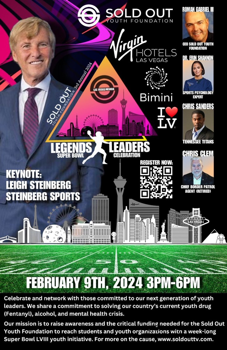Join me & my NFL Friends #LasVegas for a party with a purpose ! 3rd Annual Legends & Leaders Super Bowl Celebration 
#VirginHotelsLV presented by #biminihydrotherapy benefiting 
#soldoutyouthfoundation Mission protect children & families from killer poison #FENTANYL #savinglives