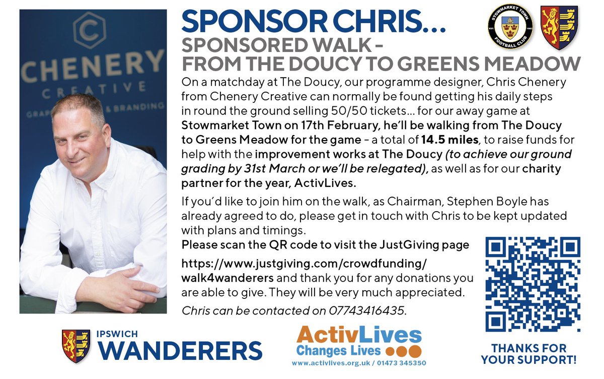 _IWFC's tweet photo. Please sponsor Chris... Walking 4 Wanderers... raising funds towards the improvements needed for the ground grading at The Doucy, and for ActivLives
For more details and to donate please visit here:
https://t.co/pFho7J0k3w
Thanks
#nonleague #nonleaguefootball #sponsorship https://t.co/Xok6z4S2kt