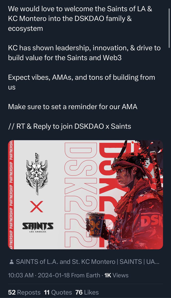 Nearly 100 likes, over 1000 impressions all within 10 mins on our first partnership Extremely bullish on DSK x Saints and what’s to come 😈