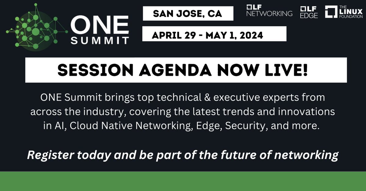 Session line-up for #ONEsummit 2024 is now live! Happening April 29-May in San Jose, CA, the event brings the latest in #AI, #CloudNative Networking, #Edge, #Security, #5G #6G and more. See the schedule & register by Jan. 28 for the best rates ➡️ events.linuxfoundation.org/one-summit-nor…