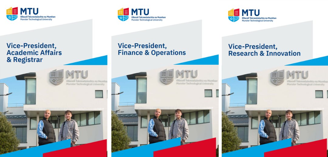 MTU is recruiting for our new University Executive and we’ve advertised the first three posts: VP Academic Affairs & Registrar, VP Research & Innovation, and VP Finance & Operations. Full details at: go.mtu.ie/48GeNHi