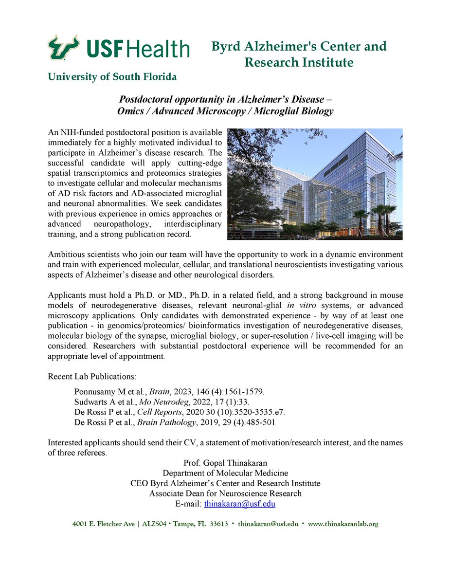 Thinakaran Lab (@thinakaranlab) on Twitter photo Want to live and work in a fantastic place? Come to Tampa! Check out this #PostDocOpportunity in the Thinakaran Lab at Byrd Institute. Apply spatial transcriptomics, proteomics, and a lot more and explore AD risk factors.
<a href="/USFHealth/">USF Health</a> <a href="/jobRxiv/">jobRxiv</a> <a href="/PostDocsForum/">The PostDocs Forum</a> #neuroscience Please RT Want to live and work in a fantastic place? Come to Tampa! Check out this #PostDocOpportunity in the Thinakaran Lab at Byrd Institute. Apply spatial transcriptomics, proteomics, and a lot more and explore AD risk factors.
<a href="/USFHealth/">USF Health</a> <a href="/jobRxiv/">jobRxiv</a> <a href="/PostDocsForum/">The PostDocs Forum</a> #neuroscience Please RT