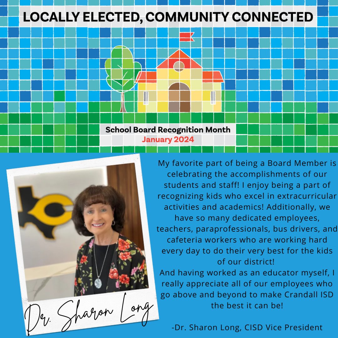 OfficialCISD's tweet image. 👉️ Learn why our Board Vice President, Dr. Sharon Long, loves serving on our Crandall ISD School Board. Thank you, Dr. Long, for all you do! #CISDBelieves #CISDGrows