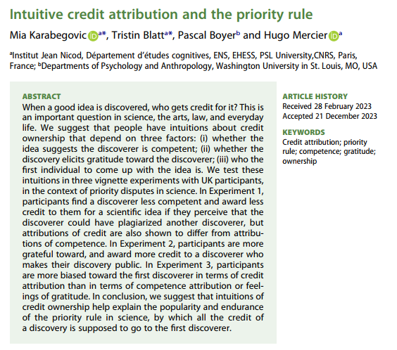 m_karabeg's tweet photo. 🦉New paper with Tristin Blatt, @PascalBoyerUSA and @hugoreasoning, in which we show that perceived competence of a discoverer, gratitude towards them, and intuitions about ownership (first contact) affect credit attributions in science. https://t.co/B8oQhUoOG4 https://t.co/48yJ4C7akN