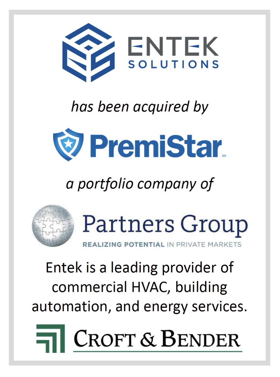 CroftBender's tweet photo. Croft & Bender, an Atlanta-based investment banking firm, is pleased to announce the successful sale of its client, Entek to @PremiStarUS, a portfolio company of @partnersgroup.

Croft & Bender served as the exclusive financial advisor to Entek on the transaction. For more information, please contact Ronnie Goldman, Neale Fisher, or Brad Germany.

#InvestmentBanking #BusinessGrowth #HVACIndustry #MergersAndAcquisitions