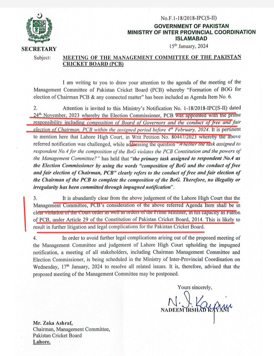 End Game! The IPC Secretary's letter dated 15 January, 2024 addressed to Zaka has abundantly made it clear that undergraduate and ineligible Zaka and MC have no powers to compose PCB BoGs. It has cleared the mist as to who will compose BOGs by mentioning decision of the