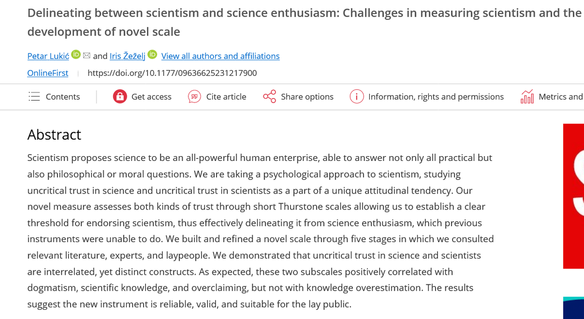 Reason4Health's tweet photo. New from #Reason4Health team members @petarlukic_bg and @IrisZezelj: "Delineating between scientism and science enthusiasm: Challenges in measuring scientism and the development of novel scale" out now in @SciPublic !
🔗here: https://t.co/8KLGFlZlkN
🧵below! https://t.co/zUWolb3kPc