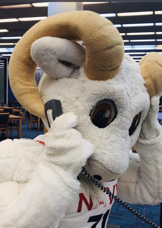 📚Library shenanigans with our favorite mascot! 🐐 Bill the Goat visited the library last night to spread some school spirit and bring a little extra pep to the stacks. You’re welcome back anytime, Bill!📚 #USNA #NimitzLibrary #BillTheGoat #LibraryLife #GoNavy