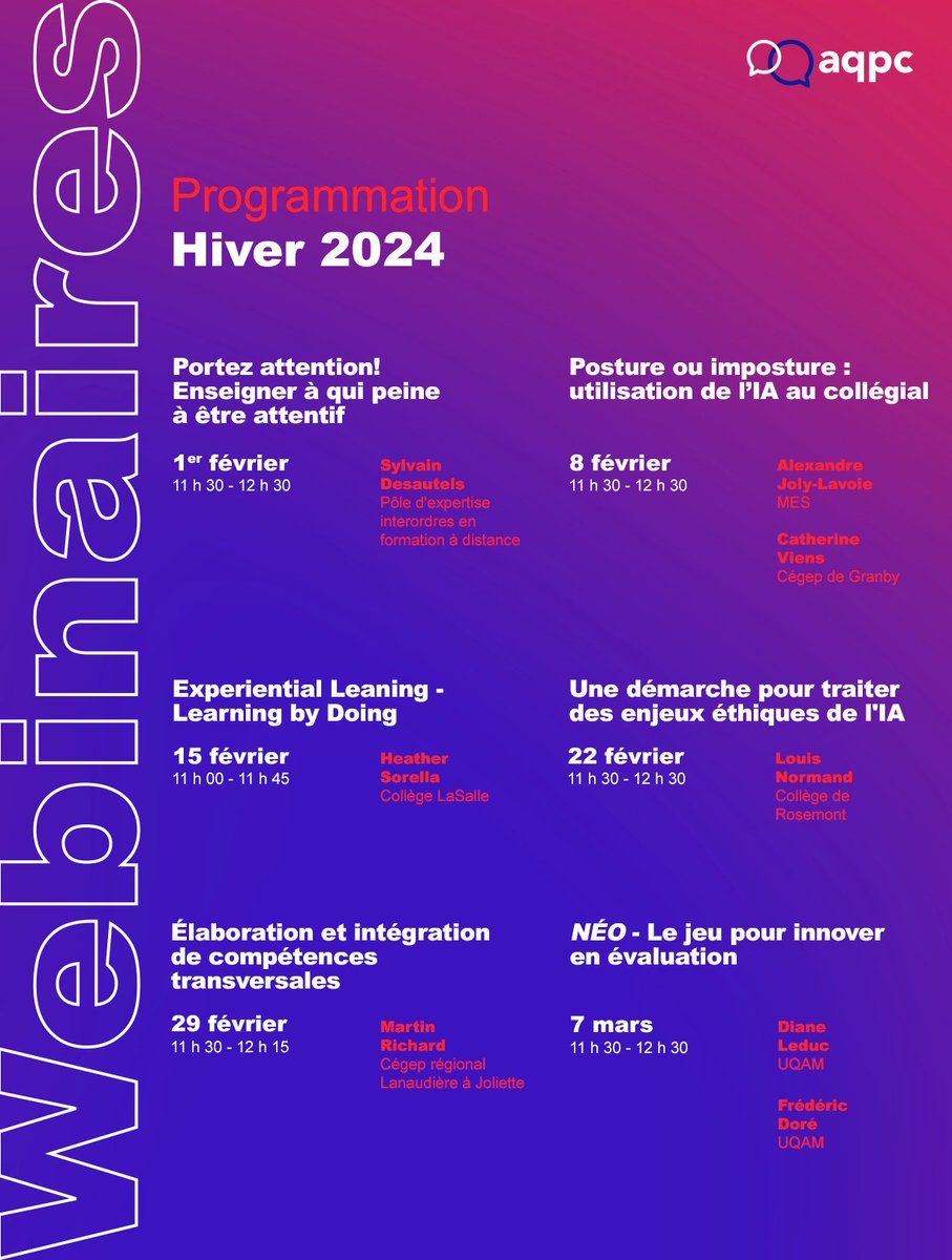 nperreault's tweet photo. Les webinaires AQPC de l'hiver 2024 - toujours gratuits, ouverts à tous et offerts en interprétation simultanée. Consultez la programmation : https://t.co/qdPi1zarav https://t.co/itADv24Rq1