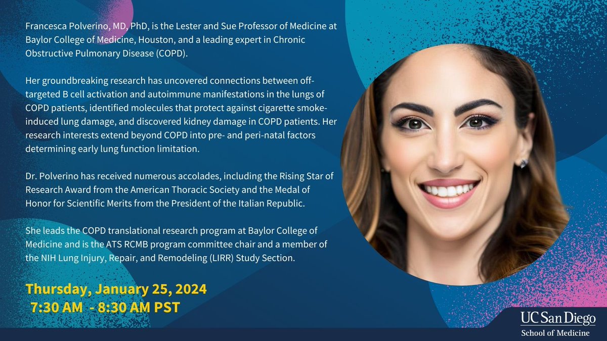 Tomorrow: We welcome Francesca Polverino, M.D. Ph.D., to PCCSM&P Grand Rounds! #MEDTWITTER #COPD #PCCM #MedEd @UCSDMedSchool @FrancyPolverino