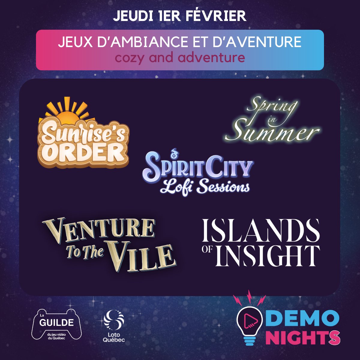 Here they are! We're very excited to share with you the first 5 hashtag#indiegames that will be showcased during the first hashtag#DemoNights2024 evening on February 1 at 8:00 a.m! 💫 are you ready?