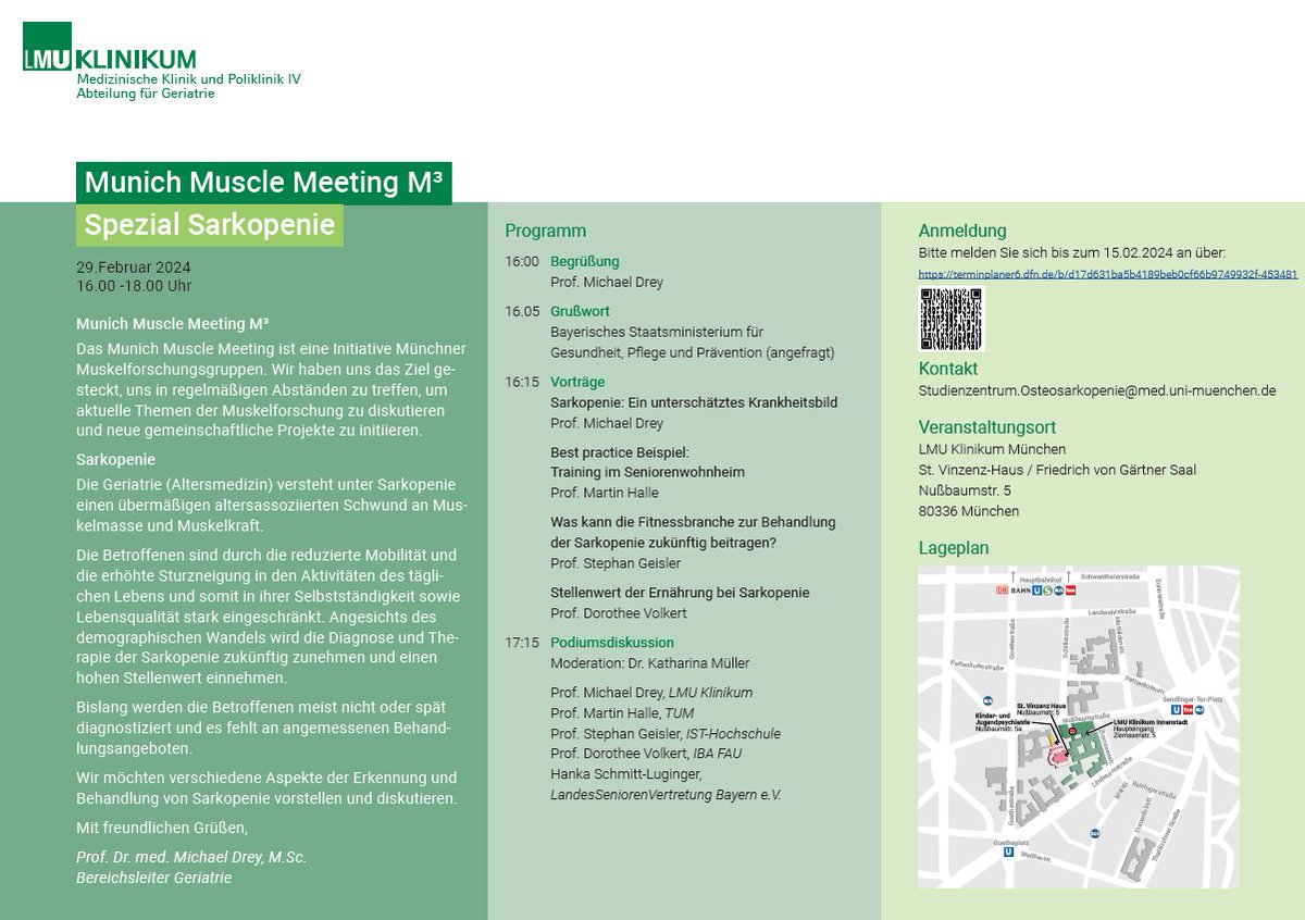 Der Geriater Prof. Michael Drey organisiert am 29. Februar ein Munich Muscle Meeting Special zu Sarkopenie! Die Anmeldung (Teilnahme ist kostenlos) ist hier: terminplaner6.dfn.de/b/d17d631ba5b4…. Die Sprache ist deutsch. Bitte re-tweeten!