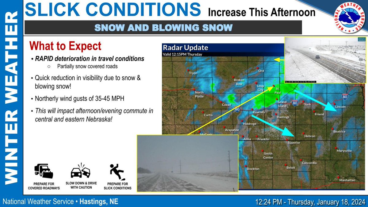 NWSHastings's tweet photo. Areas of light-mod snow continues to work in from the NW. Expect quick deterioration in visibility and travel conditions with the onset of the snow. Increasing N winds will lead to blowing snow through the eve #NEwx #NEroads #KSwx https://t.co/yd8FNPf207