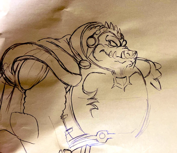 捨てる紙(窓際で水分吸ってベコベコに、笑)にお仕事色々描いた下描きが ワニワニパニックとじいちゃん