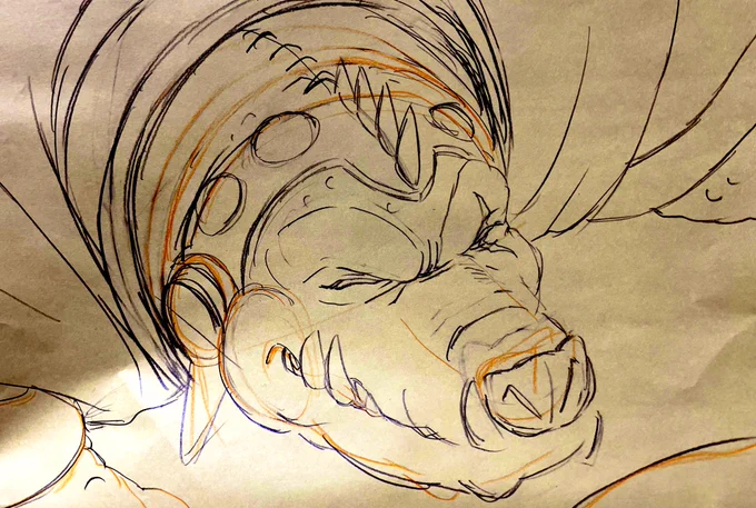 捨てる紙(窓際で水分吸ってベコベコに、笑)にお仕事色々描いた下描きが ワニワニパニックとじいちゃん