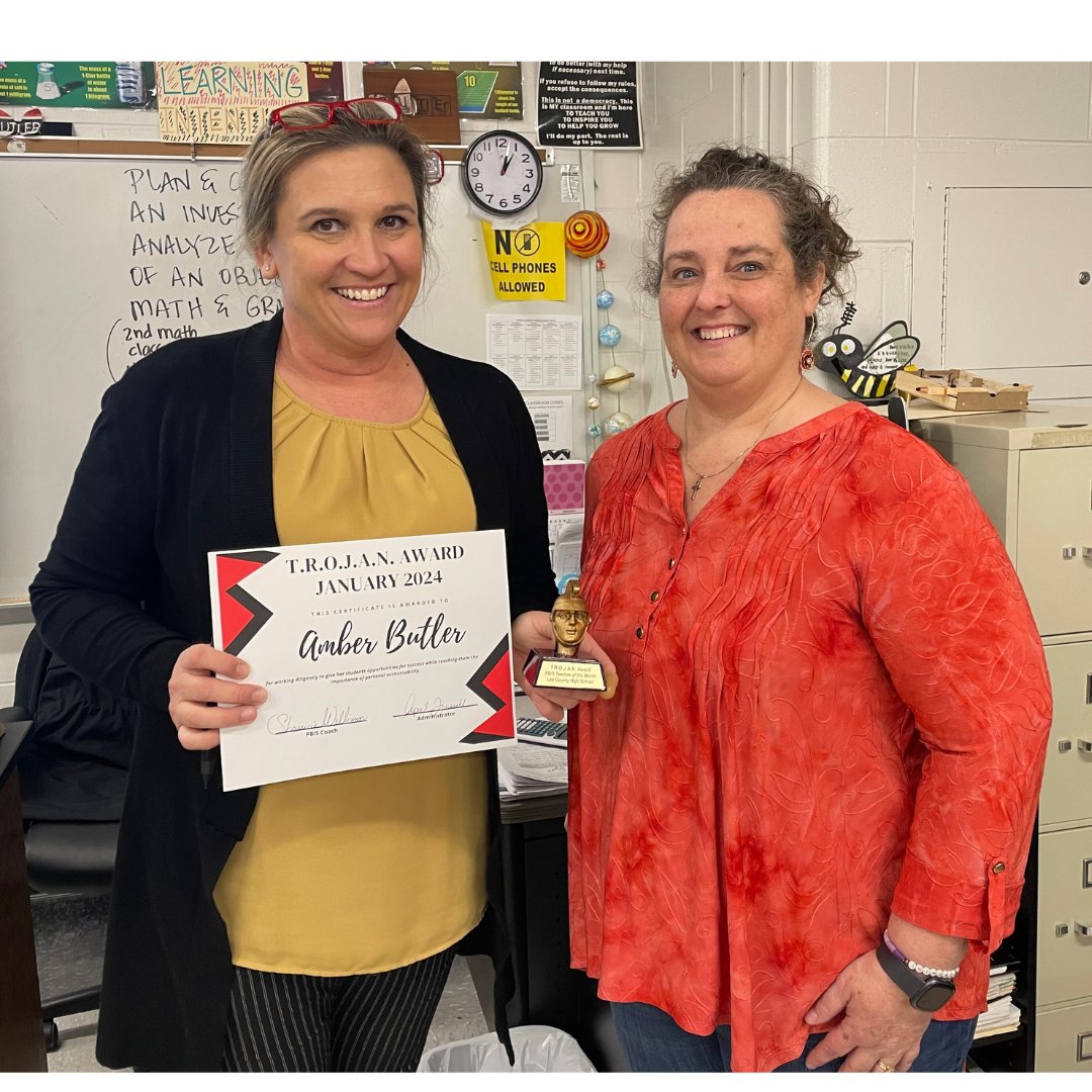 Congrats to Mrs. Butler who was selected as this month's PBIS Teacher of the Month. She was given the T.R.O.J.A.N. Trophy by Mrs. Blaise, 'for working diligently to give her students opportunities for success while teaching them the importance of personal accountability.'