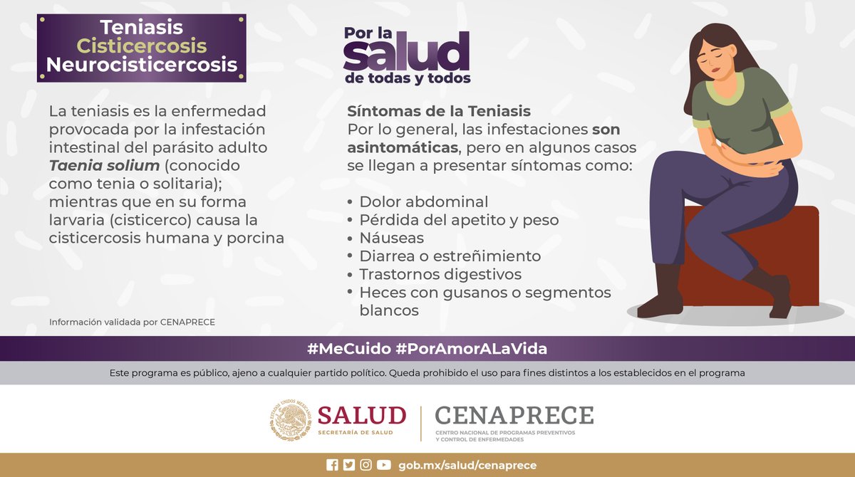 SSalud_mx's tweet photo. #PorLaSaludDeTodasYTodos I #Teniasis #Cisticercosis #Neurocisticercosis

La teniasis es una infección parasitaria que puede causar problemas de salud graves; sin embargo, es prevenible y curable.

Conoce más en ➡ https://t.co/90uYx0nNWD

#MeCuido #PorAmorALaVida https://t.co/JXqdZo3FcF