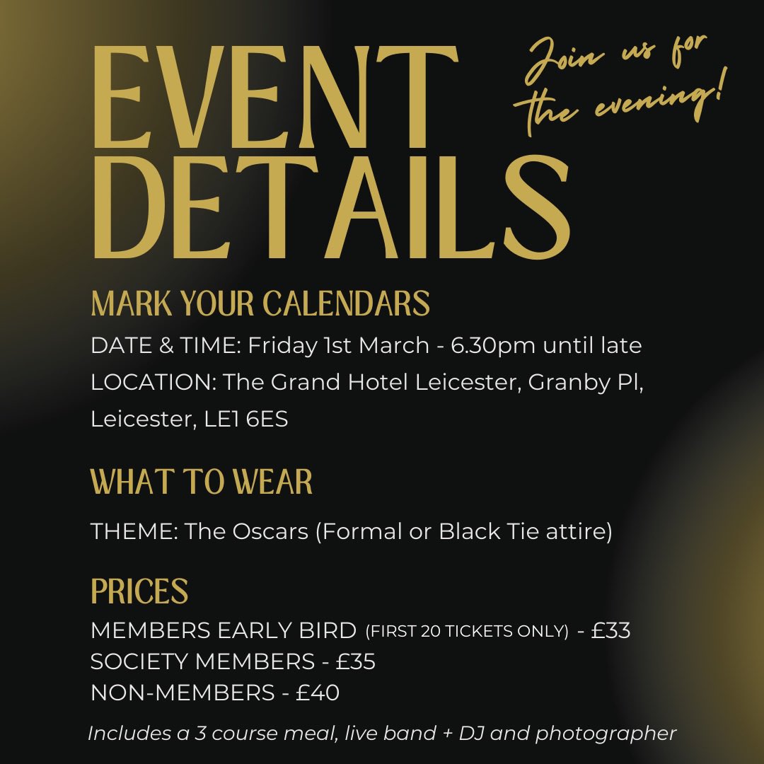 uolcompsoc's tweet photo. Step into a world of glamour at the CMS Spring Ball! Dust off your finest black tie attire and experience the Red Carpet for this year's theme of 'The Oscars'.

Get a cheaper early bird ticket on our Linktree (bio) before they sell.

#leicestercs #ball #uniofleicester https://t.co/1QvkLX6hNL