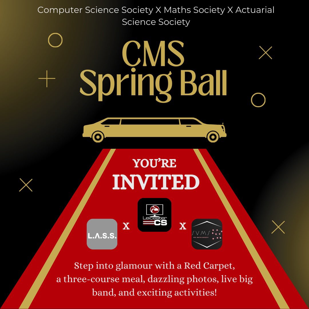 uolcompsoc's tweet photo. Step into a world of glamour at the CMS Spring Ball! Dust off your finest black tie attire and experience the Red Carpet for this year's theme of 'The Oscars'.

Get a cheaper early bird ticket on our Linktree (bio) before they sell.

#leicestercs #ball #uniofleicester https://t.co/1QvkLX6hNL