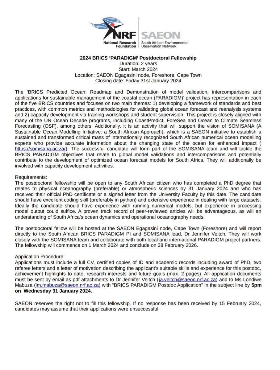 Postdoctoral fellowship opportunity offered by NRF-<a href="/Saeonews/">SAEON</a> Egagasini node!
Closing date for applications is 31 January 2024.