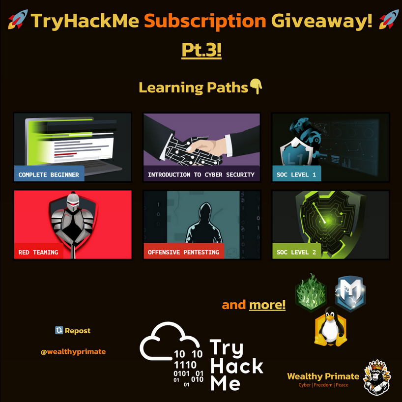 🚀TryHackMe Subscription Giveaway pt.3!👇

Didn't win the last giveaway? Here's another opportunity to win a 1 month subscription for <a href="/tryhackme/"></a>!

Here are a few learning paths available with the subscription:

✅Introduction to Cybersecurity
✅Security Engineer path
✅SOC