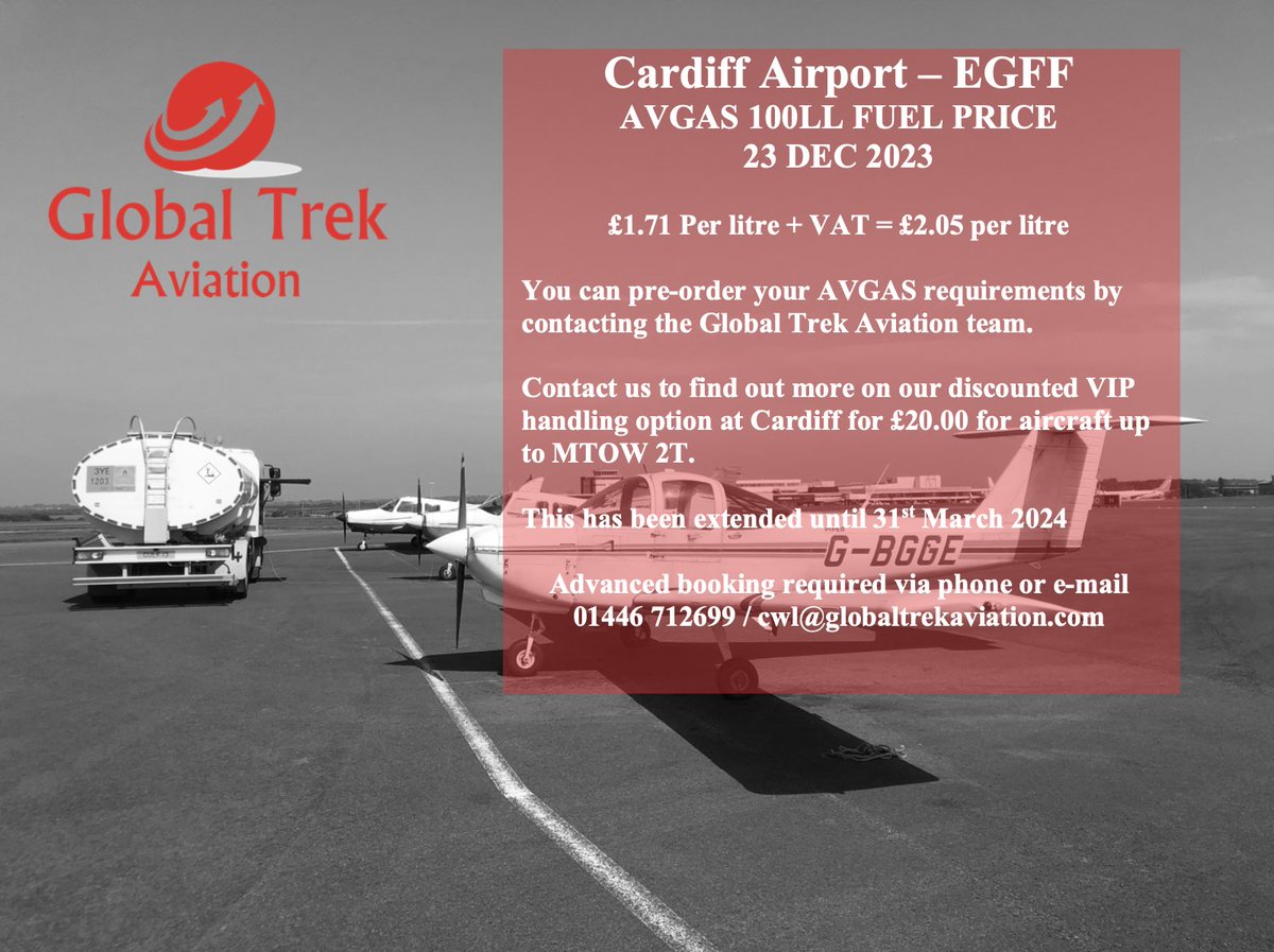 AVGAS 100 Currently £1.71 + VAT = £2.05 Per Litre at Cardiff (EGFF).

Find out more about our discounted rates on VIP handling for light aircraft.

#GlobalTrekAviation #Cardiff #SouthWales #EGFF #PrivateFlying #GeneralAviation #GA #PrivateFlyer #UKPilot