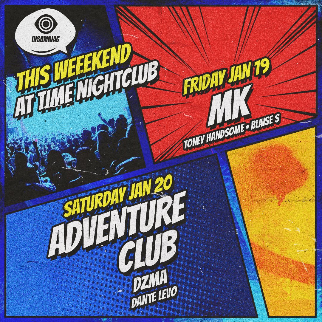 Happy to announce I will be playing alongside <a href="/AdventureDub/">Adventure Club</a> and <a href="/dzmamusic/">DZMA</a> this weekend Jan 20th at Time Nightclub! Can’t wait for a fun weekend!