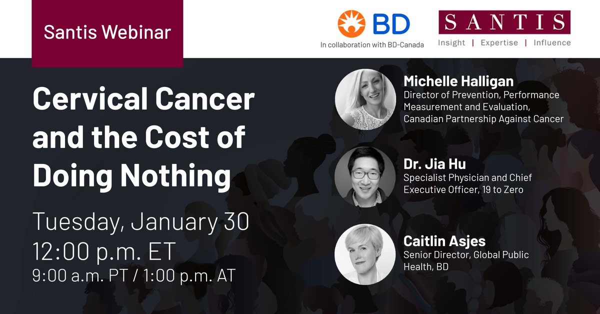 SantisHealth's tweet photo. Santis Health and @BDinCanada are teaming up during #CervicalCancerAwarenessMonth to host a conversation on Canada’s goal to eliminate cervical cancer by 2040.

Together, with expert panelists from @cancerstratCA and @19ToZero, we’ll explore what it will take to make good on Canada’s promise to eradicate this cancer within the next two decades.

Save your spot for January 30: https://t.co/7A8Ig1rcpt
