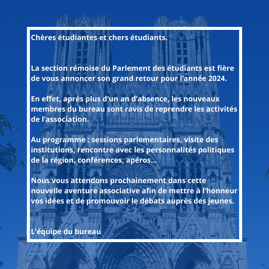 PEReims's tweet image. Chères étudiantes et chers étudiants.

La section rémoise du Parlement des étudiants est fière de vous annoncer son grand retour pour l'année 2024.