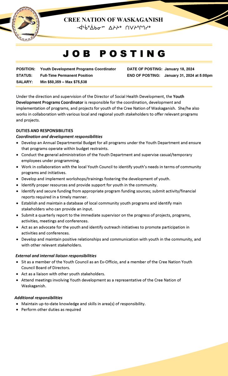 cree_nation's tweet photo. current job opportunities at our organization :) #jobopportunities #waskaganish #creenation #eeyouistcheejobs https://t.co/3UmOk8nz6X