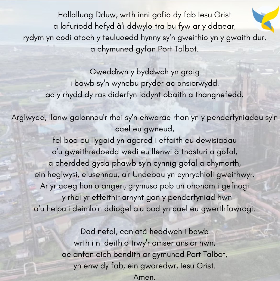 Bydd manylion y cymorth ymarferol sydd ar gael yn cael eu rhannu maes o law. Daliwch ati i ddal y rhai yr effeithir arnynt gan newyddion heddiw am Waith Dur Tata ym Mhort Talbot yn eich gweddïau.