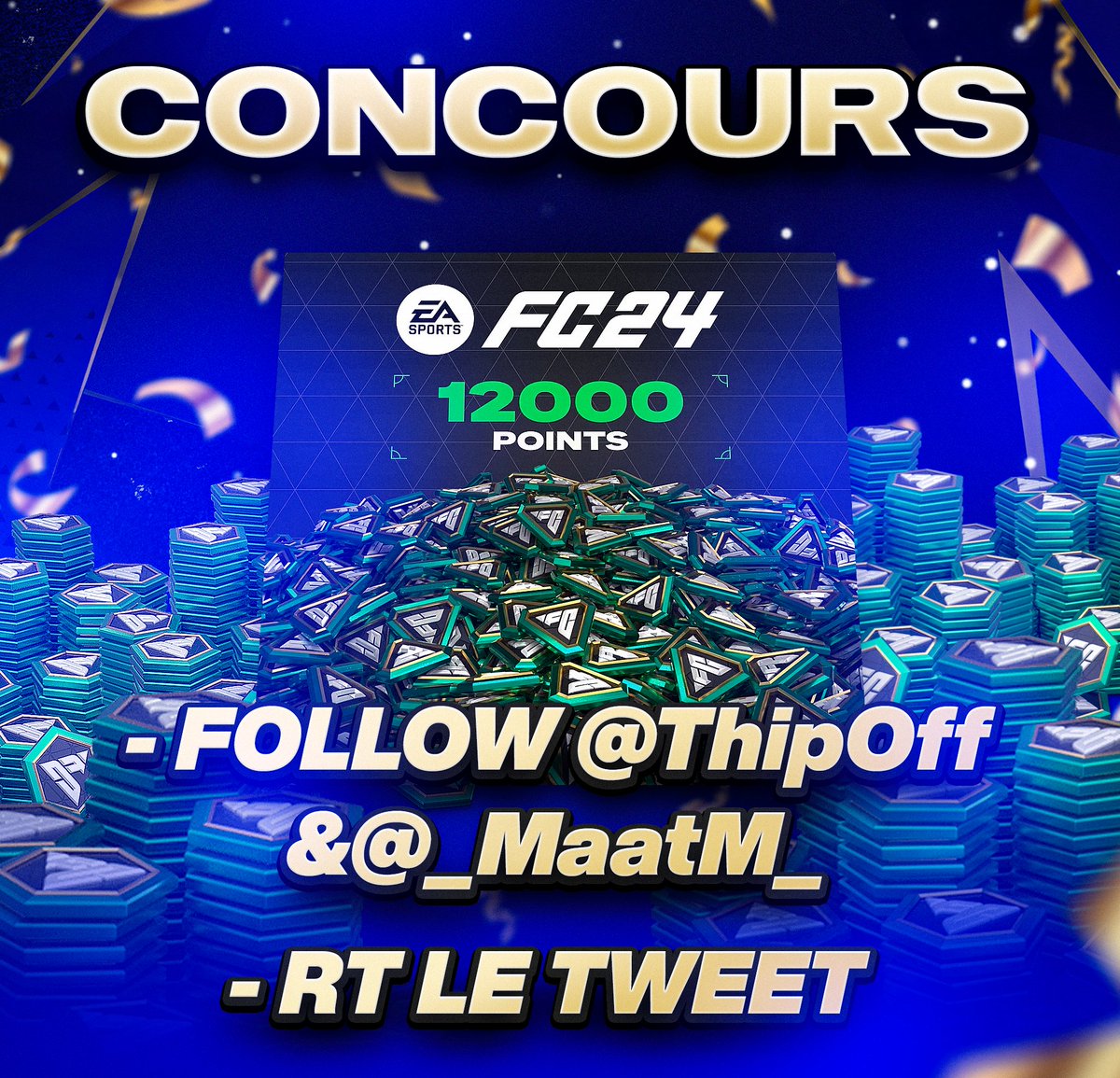 ThipOff's tweet image. 🎁 CONCOURS 🎁

Pour la #TOTY on vous fait gagner 12.000 Points #FC24 (100€) avec @_MaatM_ sur la plateforme de votre choix ! 🔥

Pour participer : - Follow @_MaatM_ &amp;amp; @ThipOff 🫵
- RT Le Tweet 🫵

Tirage au sort le 25 Janvier pour la FULL TOTY ! 🔵