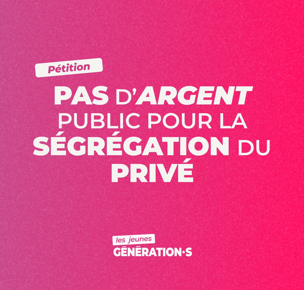 📝 Pas d’argent public pour la ségrégation du privé ! Nous demandons par cette pétition que l’État ne finance plus les écoles privées qui organisent la ségrégation sociale et participent à la reproduction des inégalités. Pour signer la pétition 👇 airtable.com/app2TG9cMAtfuD…