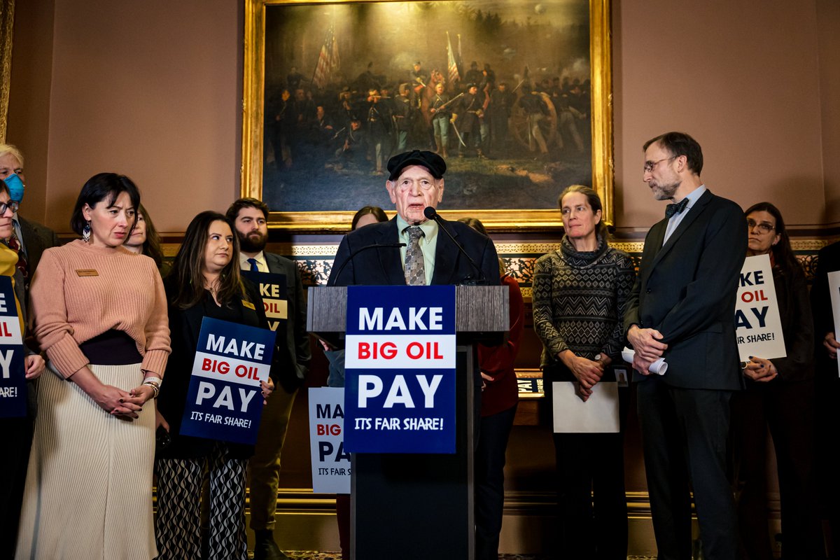 VPIRG's tweet image. On Tuesday, legislators held a press conference to introduce the Climate Superfund Act, legislation that would hold #BigOil accountable for the damage they have caused to our climate. #vtpoli [1/3]