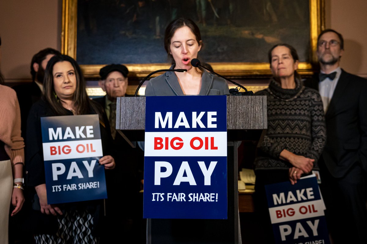 VPIRG's tweet image. On Tuesday, legislators held a press conference to introduce the Climate Superfund Act, legislation that would hold #BigOil accountable for the damage they have caused to our climate. #vtpoli [1/3]