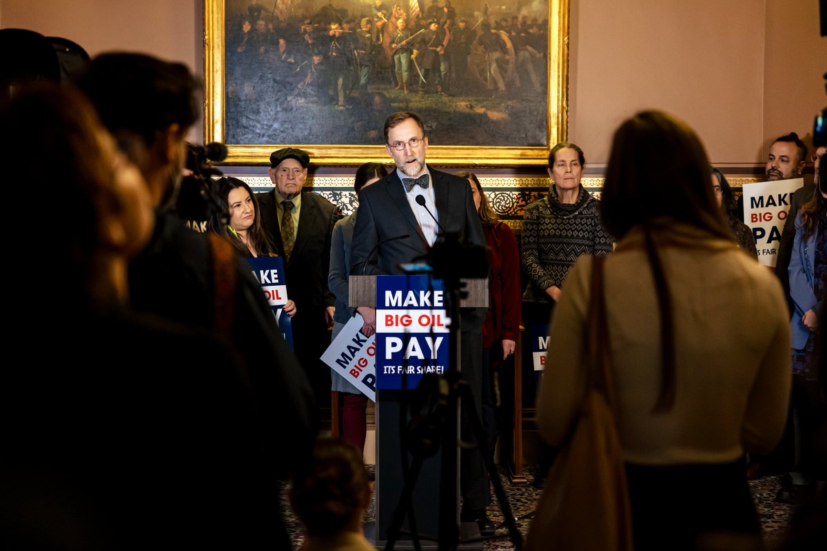 VPIRG's tweet image. On Tuesday, legislators held a press conference to introduce the Climate Superfund Act, legislation that would hold #BigOil accountable for the damage they have caused to our climate. #vtpoli [1/3]