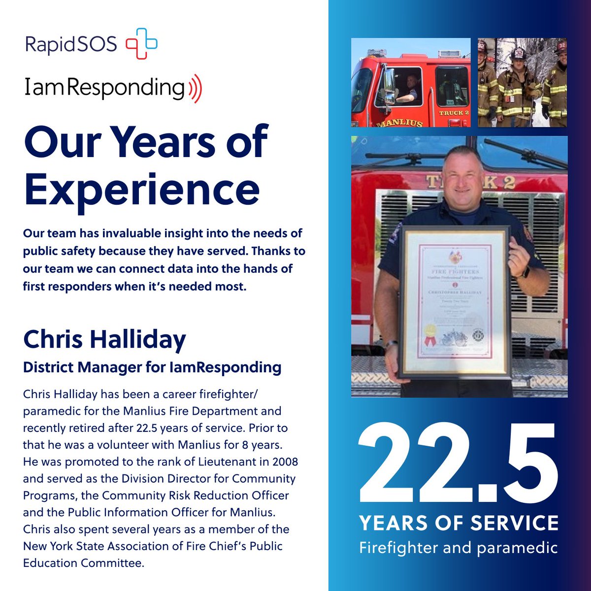 We’re inspired by Chris Halliday’s experience in the field, and we’re grateful to have him on our team!

#IamResponding #RapidSOS #RapidSOSReady #OurYearsOfExperience #FireService #FieldResponders #Firefighters #FireResponse #SafetyTech #TechForGood #PublicSafety