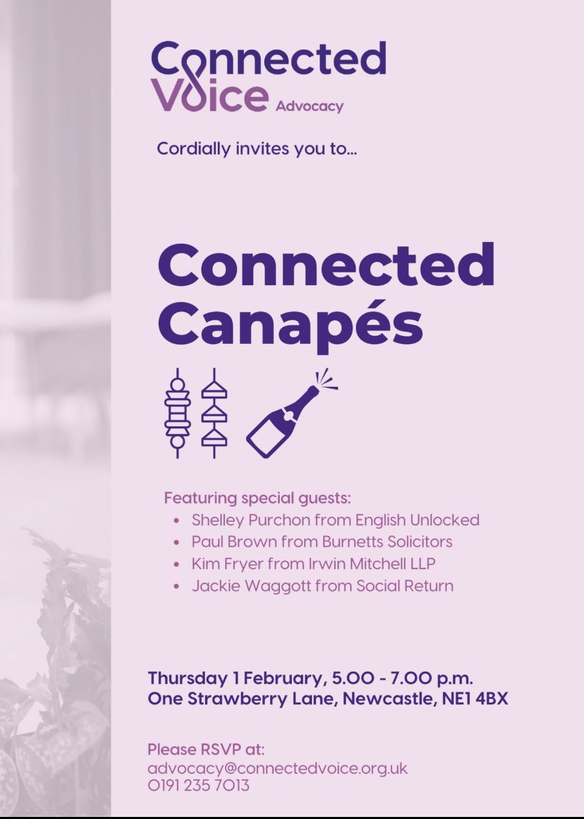 Come and join us at the re-scheduled <a href="/CVAdvocacy/">Connected Voice Advocacy</a> event on 1st February 2024 to learn more about how advocacy can improve the quality of your clients’ lives. Details of how to sign up are below 👇🏼 
Good company, learning and canapés. What more could you ask for?