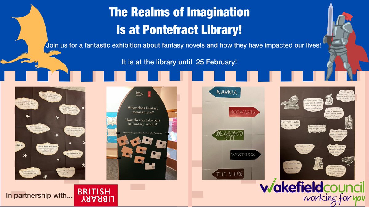 WFlibraries's tweet image. 📚🐉Join us at #PontefractLibrary for the Realms of Imagination Exhibition!
An incredible exhibition about fantasy novels and how they have impacted us!
📅until 25 Feb ⏰library opening hours 📍Pontefract Library, WF8 1DD
In partnership with @britishlibrary
@wfmuseum @mywakefield