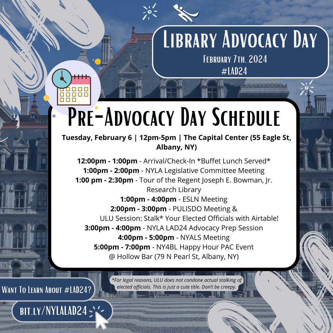NYLA will be hosting a Pre-Advocacy Day session on Tuesday, February 6th which will include our member legislative prep session and other meetings throughout the day 🎉 Make sure to register to ensure we have enough food and printed materials for everyone: nyla.memberclicks.net/index.php?opti…