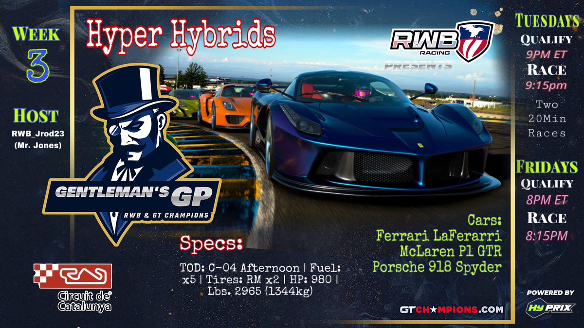 RWB_Racing's tweet photo. Don’t miss the enduro battle of the “Hyper Hybrids” in this Fridays Gentleman’s GP! Make your car choice, set your HP and weight, and see you on the track at Catlunya! See below for race details!
https://t.co/7aprvAi866
#GTCHAMPIONS #GT7 @RWB_Racing https://t.co/zJUUOOkd4V