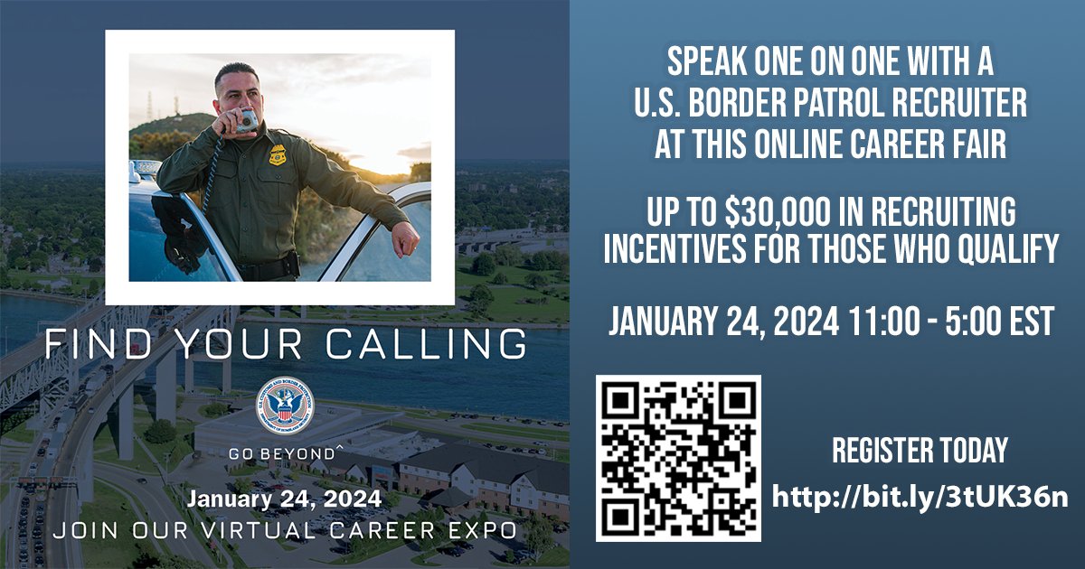 USBPChiefSPW's tweet image. Join us on January 24,  11a-5p EST, at our Virtual Career Expo, featuring opportunities in the #USBorderPatrol and other #CBP careers (both law enforcement and supporting roles). Recruiters will be available to chat with candidates.  Register today at: bit.ly/3tUK36n