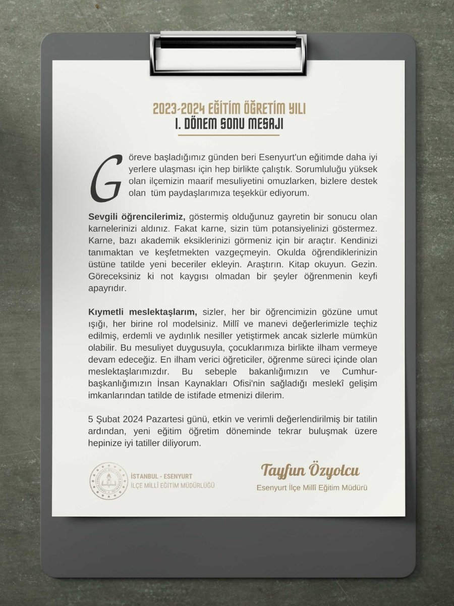 Esenyurt İlçe Millî Eğitim Müdürlüğü (@esenyurtmem) on Twitter photo İlçe Millî Eğitim Müdürümüz Tayfun Özyolcu, 2023-2024 Eğitim Öğretim Yılı I. Döneminin tamamlanması vesilesi ile bir mesaj yayımladı.
🔗meb.ai/V2uEvA
<a href="/tcmeb/">Millî Eğitim Bakanlığı</a> <a href="/Yusuf__Tekin/">Yusuf Tekin</a> <a href="/istanbulilmem/">İstanbul İl Millî Eğitim Müdürlüğü</a> <a href="/MucahitYentur/">Murat Mücahit Yentür</a> <a href="/CobanogluF/">Fatih Çobanoğlu</a> <a href="/TayfunOzyolcu/">Tayfun ÖZYOLCU</a> İlçe Millî Eğitim Müdürümüz Tayfun Özyolcu, 2023-2024 Eğitim Öğretim Yılı I. Döneminin tamamlanması vesilesi ile bir mesaj yayımladı.
🔗meb.ai/V2uEvA
<a href="/tcmeb/">Millî Eğitim Bakanlığı</a> <a href="/Yusuf__Tekin/">Yusuf Tekin</a> <a href="/istanbulilmem/">İstanbul İl Millî Eğitim Müdürlüğü</a> <a href="/MucahitYentur/">Murat Mücahit Yentür</a> <a href="/CobanogluF/">Fatih Çobanoğlu</a> <a href="/TayfunOzyolcu/">Tayfun ÖZYOLCU</a>