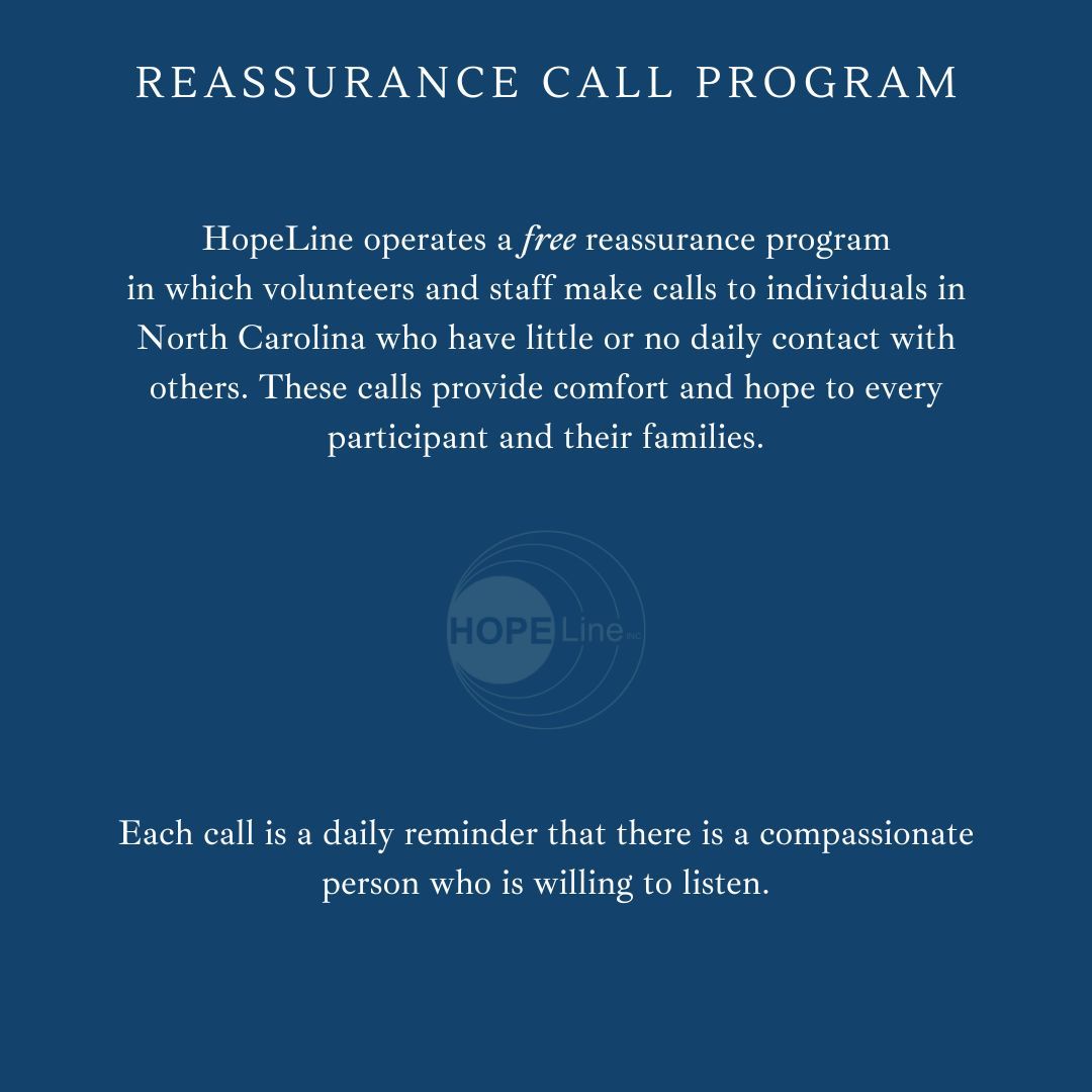 HopeLineNC's tweet image. Interested in our Reassurance Program? Get Involved! We are accepting volunteer applications for our training on 2/10/24 from 9 AM-12 PM.  Click the link below to apply and for more information!

buff.ly/3Sk3crB