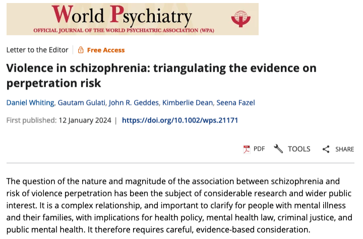Just out!!  – a short piece on evidence on violence risk in schizophrenia: onlinelibrary.wiley.com/doi/10.1002/wp…. 

It’s the finale (I hope) of a very odd set of letters. 

Hear me out. 🧵 /1