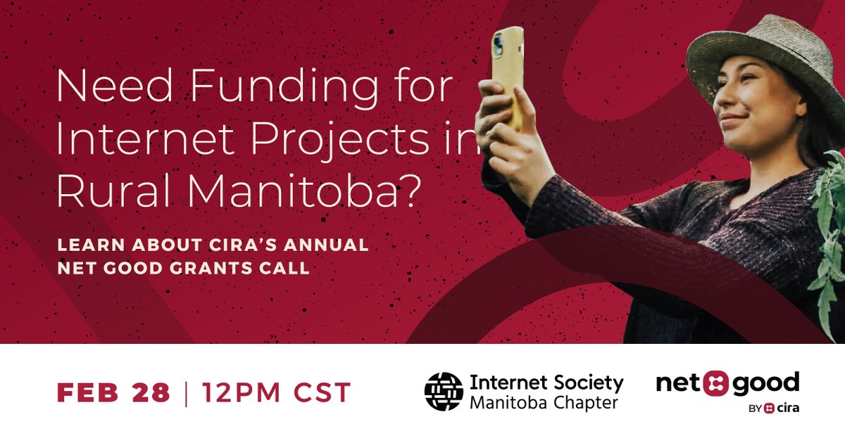 ISOC_Manitoba (@isocmanitoba) on Twitter photo Working on Internet connectivity projects in Manitoba?
Up to $100,000.00 Grants available
Learn about CIRA’s annual Net Good Grants call for proposals.
Wednesday February 28: 12 noon to 1PM CST
Register here for the webinar:
attendee.gotowebinar.com/register/66367…
<a href="/ciranews/">CIRA 🇨🇦</a> #manitoba #equity Working on Internet connectivity projects in Manitoba?
Up to $100,000.00 Grants available
Learn about CIRA’s annual Net Good Grants call for proposals.
Wednesday February 28: 12 noon to 1PM CST
Register here for the webinar:
attendee.gotowebinar.com/register/66367…
<a href="/ciranews/">CIRA 🇨🇦</a> #manitoba #equity
