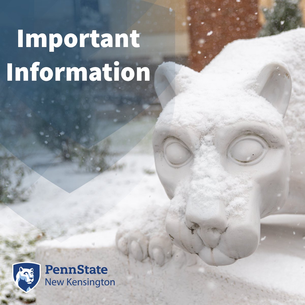 Due to impending weather, the New Kensington campus will be operating on a two-hour delay Friday, 1/19/24. Essential employees are to report. Visit newkensington.psu.edu/delay-closing-… for delay schedules and info.