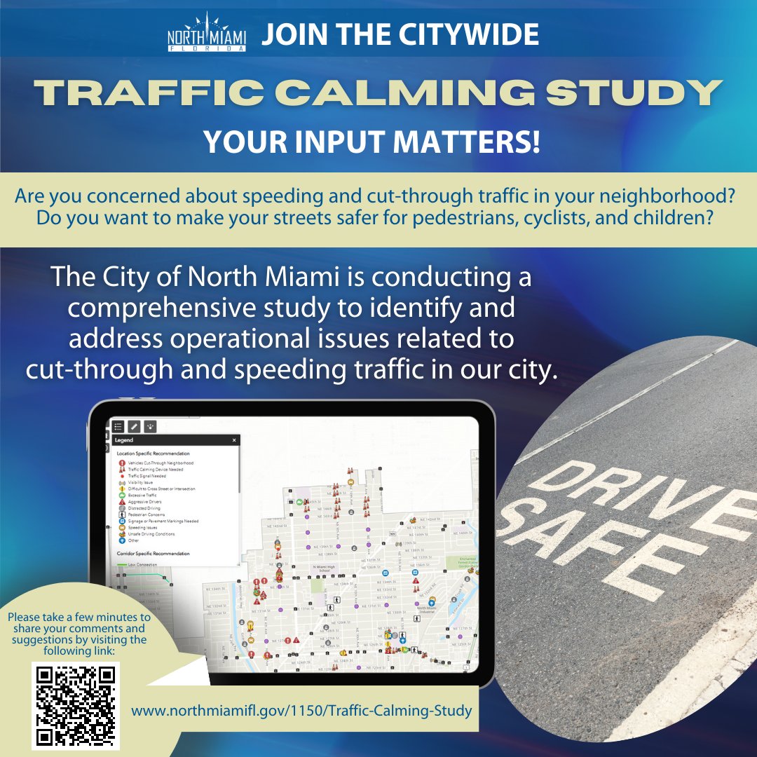 Are you concerned about speeding and cut-through traffic in your neighborhood? Do you want to make your streets safer for pedestrians, cyclists, and children?

Please take a few minutes to share your comments and suggestions by visiting the following link: northmiamifl.gov/1150/Traffic-C…